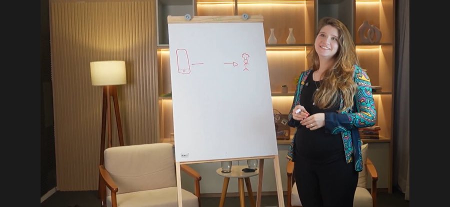 Jessica Hollander apresentando um conceito de produto em um flipchart.